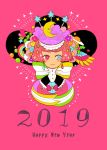  1girl 2019 aqua_eyes aqua_flower bangs blunt_bangs blush closed_eyes crescent_moon earrings flower happy_new_year harumachi_eri hat heart heterochromia jewelry moon nengajou new_year orange_flower original pink_background pink_eyes pink_flower pink_hair portrait purple_flower rainbow saturn short_hair smile solo star wings yellow_flower 