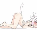  1girl all_fours animal_ear_fluff animal_ears artist_request ass barefoot blue_eyes blush bottomless camisole cat_ears cat_tail covering_mouth from_side in_heat legs looking_at_viewer original presenting see-through simple_background solo strap_slip tail thighs top-down_bottom-up white_background white_hair 