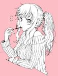  1girl bare_shoulders eating food idolmaster idolmaster_cinderella_girls long_hair nigou ootsuki_yui pink_background pocky ponytail simple_background solo sweater 