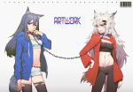  2girls alternate_costume animal_ear_fluff animal_ears arknights artist_name bandeau barcode belt black_hair black_legwear black_pants blue_choker blue_jacket breasts brown_eyes chain chinese_commentary choker cigarette cleavage commentary_request cowboy_shot drawstring earrings gradient gradient_background grey_background grey_eyes grin groin hair_ornament hairclip hand_on_hip hand_up highres holding holding_cigarette hood hooded_jacket jacket jewelry lappland_(arknights) leash leggings long_hair looking_at_another looking_at_viewer midriff multiple_girls navel open_clothes open_jacket pants pocket red_belt red_choker red_jacket short_shorts shorts sidelocks silver_hair small_breasts smile standing stomach strapless tail texas_(arknights) thighhighs thighs tubetop very_long_hair white_shorts wolf_ears wolf_tail xiao_ba 