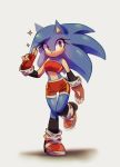  2017 anthro blue_body blue_fur bottomwear clothing crossgender eulipotyphlan eyelashes female fingerless_gloves footwear fur gesture gloves green_eyes handwear hedgehog hi_res legwear mammal mtf_crossgender on_one_leg shoes shorts simple_background smile socks solo sonic_the_hedgehog sonic_the_hedgehog_(series) spacecolonie standing topwear white_background 