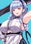  1girl :d absurdres apron arm_up armpits azur_lane bangs black_hairband blue_background blunt_bangs breasts center_frills dido_(azur_lane) doll eyebrows_visible_through_hair hairband highres holding holding_doll kanta_(kanta_077) large_breasts long_hair looking_at_viewer open_mouth purple_eyes shirt silver_hair simple_background sleeveless sleeveless_shirt smile solo underboob underboob_cutout underbust upper_body upper_teeth waist_apron white_apron white_shirt 