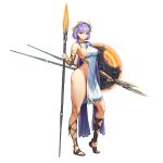  1girl areola_slip areolae braid breasts covered_nipples dress galloping_atalanta green_eyes hair_between_eyes highres hip_focus kakiman last_origin long_hair looking_at_viewer medium_breasts no_panties polearm purple_eyes sandals shield solo spear tachi-e thighs transparent_background weapon white_dress 