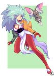  1girl animal_ear_fluff aqua_eyes border breasts cabbit cleavage earrings eymbee green_background highres jewelry long_hair looking_to_the_side medium_breasts outstretched_arms pointy_ears red_earrings ryou-ouki ryouko_(tenchi_muyou!) sidelocks solo spiked_hair tenchi_muyou! white_border 