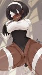  1girl artist_name ass_visible_through_thighs between_labia black_hair blindfold blush bmayyneart breasts dark_skin highres large_breasts looking_at_viewer looking_down mole mole_under_mouth nier_(series) nier_automata short_hair soulcalibur soulcalibur_vi white_blindfold yorha_no._2_type_b yorha_no._2_type_p 