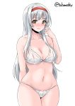  1girl blush bra breasts brown_eyes cleavage cowboy_shot hairband highres kantai_collection large_breasts long_hair looking_at_viewer nose_blush panties red_hair shoukaku_(kantai_collection) simple_background solo standing takomeshi twitter_username underwear underwear_only white_background white_bra white_hair white_panties 
