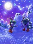  2015 ambiguous_gender clothing detailed_background duo footwear full_moon hi_res ja-punkster mario_bros moon night nintendo open_mouth scarf sky snow star starry_sky text tree url video_games yoshi 