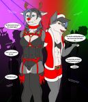  2019 amber_eyes anthro antlers bell belt big_breasts blue_eyes bodily_fluids bow breasts canid canine canis capreoline caroline_bellanoir cervid christmas clothed clothing club_(disambiguation) comic costume crowd digital_media_(artwork) domestic_dog duo ears_flopped_down embarrassed english_text female fur garter_belt garter_straps group hair harness hat headgear headwear hi_res holidays horn husky knees_together legwear lingerie mammal militia_d. multicolored_body multicolored_fur nervous nordic_sled_dog open_mouth phrostbite public reindeer rudolph_the_red_nosed_reindeer santa_hat shy size_difference skimpy slightly_chubby spitz stockings sweat text thigh_highs two_tone_body two_tone_fur white_body white_fur 