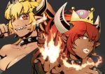  2girls armlet bare_shoulders black_collar black_nails blonde_hair blue_earrings bowsette bracelet breasts breathing_fire cleavage collar collarbone commentary_request crown dark_skin earrings eyebrows_visible_through_hair eyelashes eyes_visible_through_hair fingernails fire grin hair_between_eyes hand_up high_ponytail horns jewelry lips lipstick looking_at_viewer makeup mario_(series) mihira_(tainosugatayaki) multiple_girls nail_polish new_super_mario_bros._u_deluxe parted_lips pointy_ears ponytail red_eyes red_hair sharp_teeth shiny shiny_skin sidelocks smile spiked_armlet spiked_bracelet spiked_collar spikes super_crown teeth 