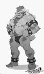  2018 anthro black_and_white body_hair bowser bulge chest_hair clothing hair hi_res horn koopa male mario_bros monochrome muscular muscular_male nintendo nipples open_mouth pecs scalie simple_background snartles solo spikes teeth underwear video_games white_background 