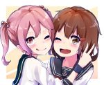 2girls anchor_symbol black_sailor_collar blue_sailor_collar brown_eyes brown_hair commentary_request fang hair_bobbles hair_ornament highres ikazuchi_(kantai_collection) kantai_collection looking_at_viewer multiple_girls neckerchief one_eye_closed pink_eyes pink_hair red_neckwear sailor_collar sazanami_(kantai_collection) school_uniform serafuku short_hair short_sleeves skin_fang taisho_(gumiyuki) twintails upper_body 