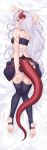  1girl arm_up bandeau bangs bare_arms bare_shoulders bed_sheet black_choker black_legwear black_panties black_skirt breasts choker commentary_request dragon_girl dragon_horns dragon_tail facial_mark from_behind full_body highres horns ibuki_notsu long_hair looking_at_viewer looking_back lying melusine_(ibuki_notsu) midriff miniskirt no_shoes on_stomach original panties parted_lips pointy_ears profile red_eyes sidelocks silver_hair skirt small_breasts solo strapless tail thighhighs thighs toeless_legwear tubetop underwear very_long_hair 