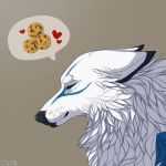  1:1 2017 aarenki ambiguous_gender black_nose canid canine canis cookie digital_media_(artwork) eyes_closed feral food fur headshot_portrait mammal portrait solo white_body white_fur wolf 