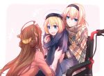  3girls ahoge artist_name blonde_hair blue_eyes brown_hair casual commentary_request double_bun hair_between_eyes hairband hat headgear highres jervis_(kantai_collection) kantai_collection kongou_(kantai_collection) long_hair multiple_girls open_mouth pin.s sitting warspite_(kantai_collection) wheelchair white_headwear 