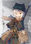  1816 1girl animal_ears bag bayonet binoculars blush breath brick_wall canteen capelet carrying_over_shoulder cold coreytaiyo dated drinking first_aid_kit gloves goggles gun hair_ornament hairclip hat highres jacket leather_bag long_sleeves military military_jacket military_uniform original pouch rifle rifle_on_back scarf short_hair signature snowing soldier uniform weapon white_hair yellow_eyes 