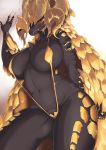  anthro big_breasts black_body black_fur black_sclera blush breasts capcom chest_tuft curvy_figure dragon elder_dragon female fur gold_scales hi_res horn huge_breasts humanoid kulve_taroth looking_at_viewer monster_hunter navel red_eyes simple_background skulkers solo tuft video_games white_background yellow_bikini yellow_horn 