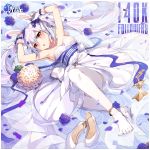  1girl absurdres anklet azur_lane bare_shoulders blue_flower blue_ribbon blue_rose bouquet brown_flower bunny_hair_ornament copyright_name dress flower flower_anklet full_body gloves hair_flower hair_ornament high_heels highres jewelry laffey_(white_rabbit&#039;s_oath)_(azur_lane) long_hair looking_at_viewer lying official_art on_back open_mouth pantyhose red_eyes ribbon rose shoes sleeveless sleeveless_dress solo tsukino_(nakajimaseiki) twintails very_long_hair wedding_dress white_dress white_footwear white_gloves white_hair white_legwear 