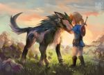 blonde_hair blue_eyes boots breath_of_the_wild canid canine canis clothing detailed_background duo feral footwear fur grass hair humanoid humanoid_pointy_ears hylian link link_(wolf_form) male mammal melee_weapon nintendo rock royalnoir shield signature square_crossover sword the_legend_of_zelda video_games weapon wolf 