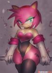  2020 accessory amy_rose anthro breasts cleavage clothed clothing cosplay eulipotyphlan female girlsay gloves green_eyes half-closed_eyes handwear hedgehog hi_res legwear looking_at_viewer mammal narrowed_eyes simple_background smile smirk solo sonic_the_hedgehog_(series) squish thick_thighs thigh_highs thigh_squish video_games wide_hips 