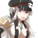  1girl bangs black_headwear bolt breasts cabbie_hat closed_mouth coat commentary_request gem grey_coat hat hat_ornament heart heart_in_mouth jewelry long_hair looking_at_viewer medium_breasts natsuya_(kuttuki) necklace pink_eyes ragnarok_online simple_background skull_hat_ornament solo upper_body warlock_(ragnarok_online) white_background white_hair 