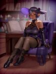  absurd_res big_breasts breasts cleavage clothed clothing elf female footwear hi_res high_heels humanoid humanoid_pointy_ears kairunoburogu legwear looking_at_viewer mammal not_furry purple_eyes shoes solo thigh_highs 