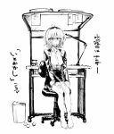  1girl breasts commentary dagashi_kashi feet glasses greyscale highres jacket kotoyama looking_at_viewer medium_hair monochrome open_mouth owari_hajime semi-rimless_eyewear shirt skirt solo 