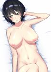  1girl bags_under_eyes black_hair blush breasts embarrassed grey_eyes hair_between_eyes highres jimiko large_breasts looking_away looking_to_the_side navel nipples nude original satsuma_imou short_hair solo zenra 