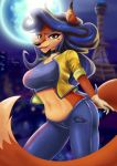 absurd_res arrowdark beauty_mark big_breasts blue_hair breasts brown_eyes canid canine carmelita_fox clothed clothing female fox hair hi_res invalid_tag long_hair looking_at_viewer mammal midriff moon night paris sly_cooper sly_cooper_(series) solo sony_corporation sony_interactive_entertainment sucker_punch_productions tight_clothing video_games 
