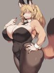  5_fingers absurd_res anthro big_breasts black_nose blonde_hair blush breasts bunny_costume canid canine cervina7_(artist) clothed clothing costume female fingers grey_background hair hi_res kemono mammal nipple_outline simple_background smile solo thick_thighs yellow_eyes 