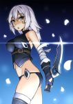  1girl arm_belt bandaged_arm bandages black_panties breasts dagger dual_wielding facial_scar fate/apocrypha fate/grand_order fate_(series) gloves green_eyes highres holding holding_dagger holding_knife holding_weapon jack_the_ripper_(fate/apocrypha) knife kuro_emimi lowleg lowleg_panties medium_breasts medium_hair older panties scar scar_across_eye scar_on_cheek shoulder_tattoo single_glove tattoo underwear weapon white_hair 