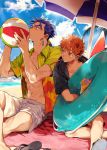  2boys abs ball beach beachball black_hoodie blue_hair brown_eyes brown_hair cloud cu_chulainn_(fate)_(all) cup drinking_glass earrings emiya_shirou fate/stay_night fate_(series) hair_strand hawaiian_shirt innertube jewelry lancer long_hair looking_at_another male_focus messy_hair mouth_hold multiple_boys navel outdoors palm_tree ponytail red_eyes sandals_removed shirt shorts sitting sky summer tatsuta_age thick_eyebrows tree tropical_drink white_shorts 