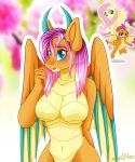  2019 anthro blue_eyes breasts dragon equid equine female fluttershy_(mlp) friendship_is_magic fusion hair hi_res horn mailner mammal membrane_(anatomy) membranous_wings my_little_pony pink_hair pterippus smolder_(mlp) wings 