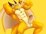  4:3 balls dragon genitals hi_res horn humanoid_penis male membrane_(anatomy) membranous_wings muscular muscular_male ophion penis scales scalie seyrmo simple_background solo spikes tan_body tan_scales tokyo_afterschool_summoners video_games wings yellow_background yellow_body yellow_scales 