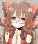  1girl ahoge bespectacled blush bow breasts brown_eyes brown_hair closed_mouth collarbone colorized eyebrows_visible_through_hair glasses hair_bow hair_tubes hakurei_reimu long_hair looking_at_viewer medium_breasts naniiro red-framed_eyewear red_bow sleeveless solo sweatdrop touhou upper_body yamasuta 