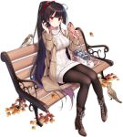  1girl agano_(azur_lane) agano_(dating_game?)_(azur_lane) aran_sweater autumn_leaves azur_lane bag bare_shoulders bench bird blush boots bow breasts brown_coat brown_hair brown_legwear coat crepe dress food hair_bow hecha_(swy1996228) high_heel_boots high_heels highres jacket large_breasts leaf long_hair long_sleeves looking_at_viewer maple_leaf off_shoulder official_art open_clothes open_coat pantyhose park_bench red_eyes sitting sleeveless smile solo sweater sweater_dress thighhighs transparent_background turret turtleneck turtleneck_sweater very_long_hair 