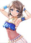  1girl absurdres arabian_clothes armlet armpits arms_up bangs blue_eyes bracelet breasts brown_hair circlet closed_mouth collarbone covered_navel cowboy_shot eyebrows_visible_through_hair highres jewelry looking_at_viewer love_live! love_live!_sunshine!! medium_breasts necklace pendant pleated_skirt revealing_clothes rozen5 scan see-through short_hair simple_background skirt smile solo sparkle swept_bangs underboob watanabe_you white_background white_skirt 