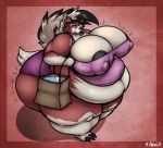  anthro araidian_(artist) big_breasts breasts ear_piercing ear_ring female huge_breasts huge_lips hyper hyper_breasts looking_at_viewer lycanroc midnight_lycanroc misfitting_clothing morbidly_obese nintendo nipples obese overweight piercing pok&eacute;mon pok&eacute;mon_(species) red_eyes shopping_bag thick_thighs video_games 