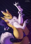  anthro butt clothed clothing digimon digimon_(species) digital_media_(artwork) fingers fluffy fluffy_tail fur hi_res looking_at_viewer lying maaia on_back pawpads paws renamon simple_background smile solo toes tuft 