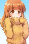  1girl bangs blue_background blunt_bangs blush brown_eyes brown_sweater closed_mouth commentary_request eyebrows_visible_through_hair girls_und_panzer gradient gradient_background highres long_hair long_sleeves looking_at_viewer nagomiya_(shousha) orange_hair sleeves_past_wrists smile solo sweater takebe_saori 