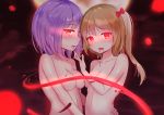  2girls :d absurdres areolae asymmetrical_docking bangs blonde_hair blood blood_from_mouth bow breast_press breasts chinese_commentary collarbone commentary_request eyebrows_visible_through_hair fang flandre_scarlet glowing glowing_eyes hair_bow hand_up highres jingji lavender_hair long_hair looking_at_viewer medium_breasts multiple_girls no_hat no_headwear nude one_side_up open_mouth red_bow red_eyes remilia_scarlet short_hair siblings sisters smile touhou upper_body 
