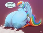  2020 absurd_res anthro areola armwear big_breasts blush bodily_fluids breasts clothing cutie_mark dialogue english_text equid equine female friendship_is_magic hi_res huge_breasts hyper hyper_breasts hyperstorm_h lactating mammal milk my_little_pony nipples pterippus rainbow_dash_(mlp) solo text wings 