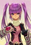  1girl breasts gloves hankuri long_hair looking_at_viewer open_mouth purple_eyes purple_hair simple_background solo sophie_(tales) tales_of_(series) tales_of_graces twintails 