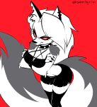  anthro breasts canid canid_demon clothed clothing collar demon ear_piercing female fur grey_body grey_fur grumpy hellhound helluva_boss hi_res looking_at_viewer loona_(vivzmind) mammal piercing sem-l-grim simple_background solo spiked_collar spikes white_body white_fur 