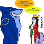  2020 anthro biped blue_body blue_skin canid canine canis clothed clothing crown dialogue dress european_flag european_union female fish hair italian_flag italian_text italy male mammal marine politics shark text wolf 