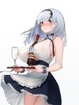  1girl apron azur_lane bangs between_breasts black_hairband blush bottle breasts covered_nipples cuffs cup dido_(azur_lane) drinking_glass hairband highres holding large_breasts long_hair looking_at_viewer nipples open_mouth purple_eyes see-through_silhouette silver_hair simple_background skirt sleeveless solo tray underboob_cutout waist_apron white_apron white_background wine_bottle wine_glass yashemao_qishi 