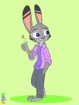  2020 absurd_res anthro barefoot black_stripes blue_eyes bottomwear clothed clothing coin disney ear_markings facial_markings fully_clothed fur green_background grey_body grey_fur hand_in_pocket head_markings head_tuft hi_res jack_savage lagomorph leporid mammal markings pants pink_nose pockets rabbit ring shirt simple_background smile solo stripes theblueberrycarrots topwear tuft zootopia 