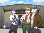  4:3 anthro bandanna canid canine canis clothed clothing eye_patch eyewear fox fox_mccloud group hangar jackaloo jacket jimmy_o&#039;donnell leather leather_jacket male mammal nintendo smile star_fox starrffax story story_in_description topwear video_games wolf wolf_o&#039;donnell 