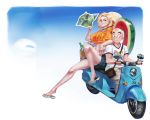  1boy 1girl android_18 arm_on_shoulder bag bald basket blonde_hair bluecup bottle crop_top dragon_ball dragon_ball_z ground_vehicle hat_around_neck highres husband_and_wife kuririn map motor_vehicle riding sandals satchel scooter short_hair short_shorts shorts smile v-neck 