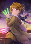  &gt;:( badge bag bangs beige_shorts black_legwear button_badge coat dusk frown fur_trim glowstick handbag highres holding_glowstick koizumi_hanayo light_brown_hair long_sleeves love_live! love_live!_school_idol_project outdoors pantyhose purple_eyes purple_neckwear saitama_super_arena scarf shamakho short_hair shorts signature sunset 