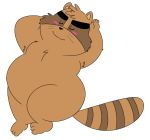  2017 alice_detective_bureau anthro belly blush blush_stickers brown_body brown_fur eyes_closed fur humanoid_hands inspector_arai male mammal megacoolbear_(artist) overweight procyonid raccoon ringtail simple_background solo striped_tail stripes white_background 